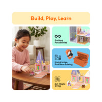 Child playing with magnetic princess castle beside panels highlighting creative problem-solving and STEM learning.