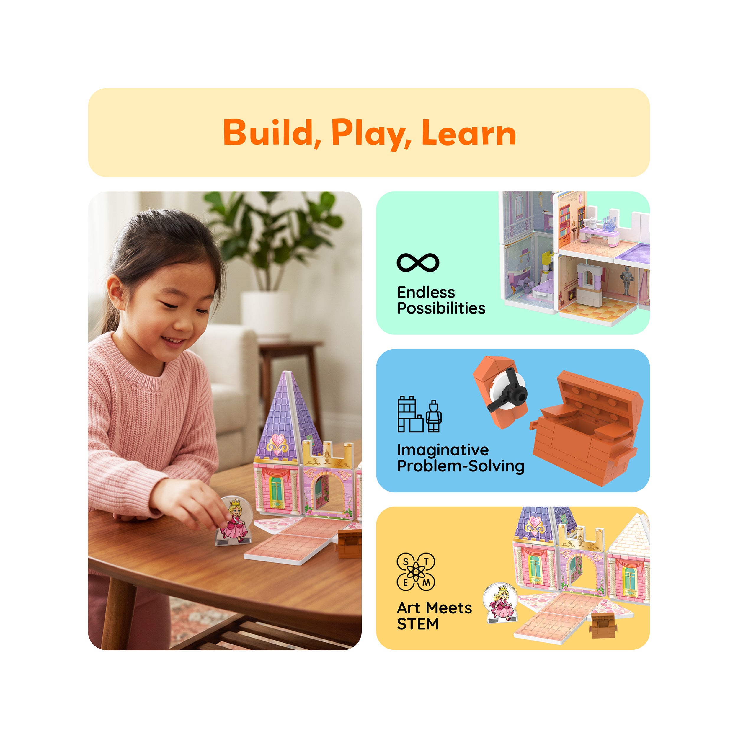 Child playing with magnetic princess castle beside panels highlighting creative problem-solving and STEM learning.
