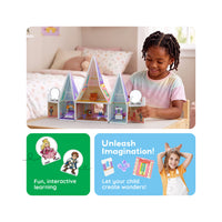 Child playing with a pink magnetic tile castle dollhouse above panels highlighting imaginative, interactive learning.
