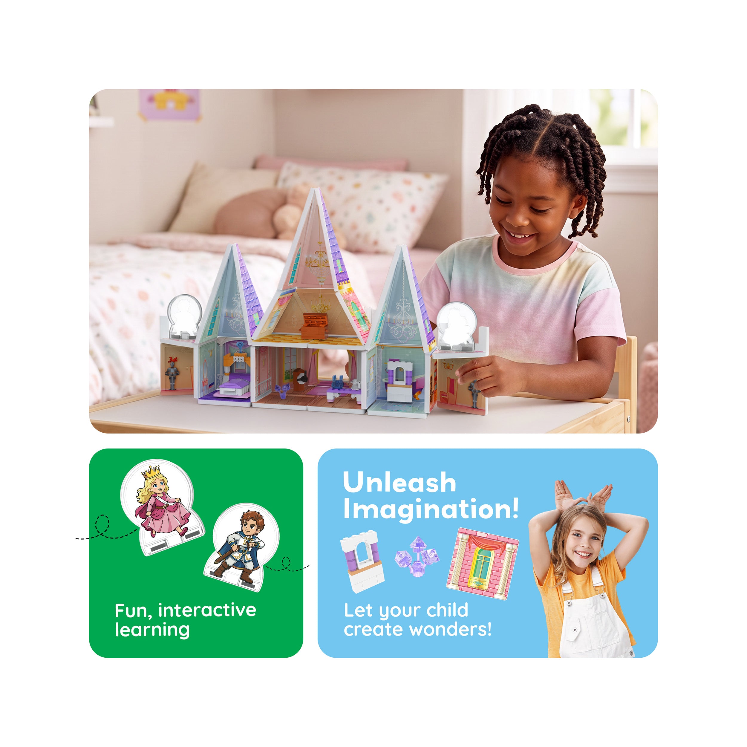 Child playing with a pink magnetic tile castle dollhouse above panels highlighting imaginative, interactive learning.