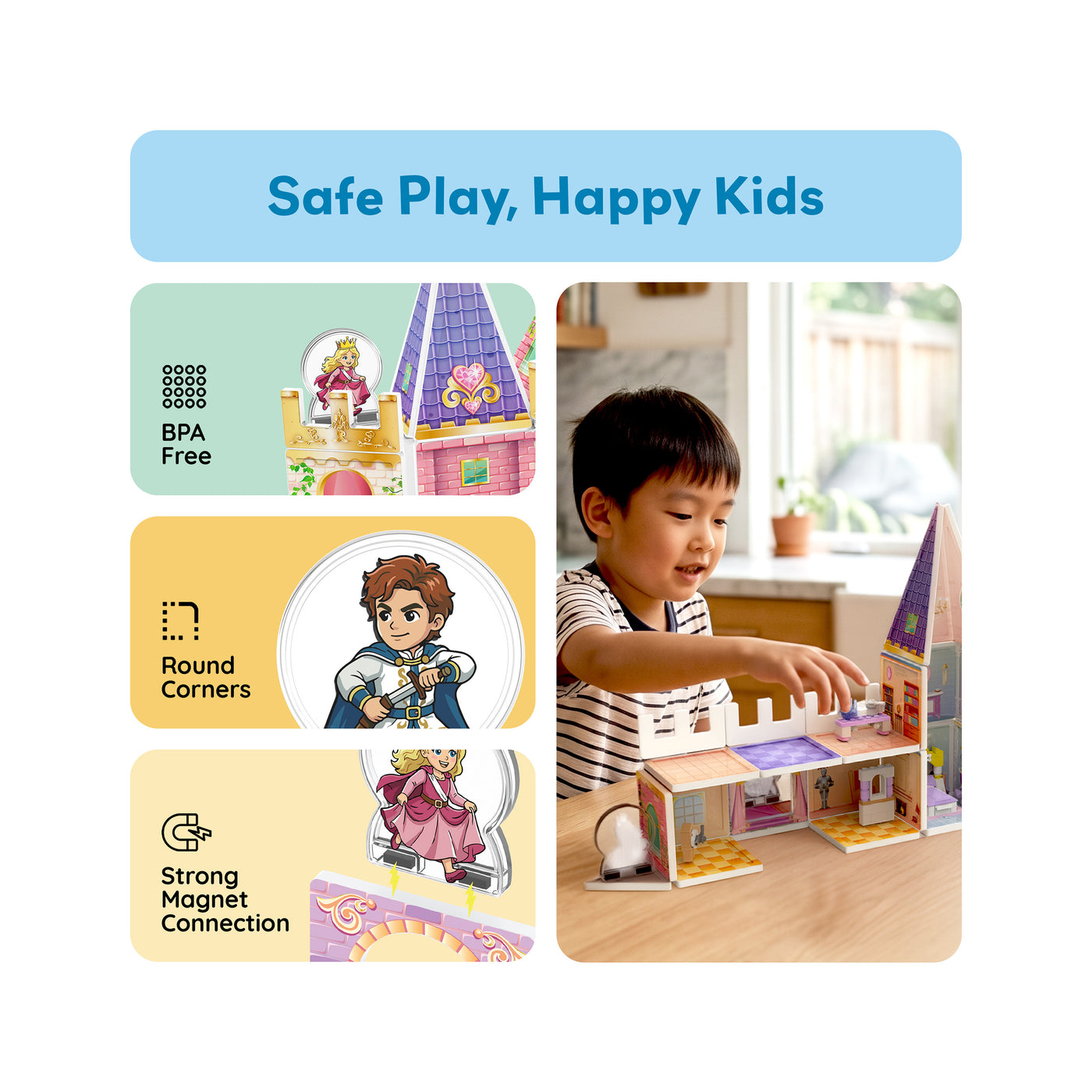 Boy playing with magnetic princess castle beside panels highlighting safety features and strong magnet connection.