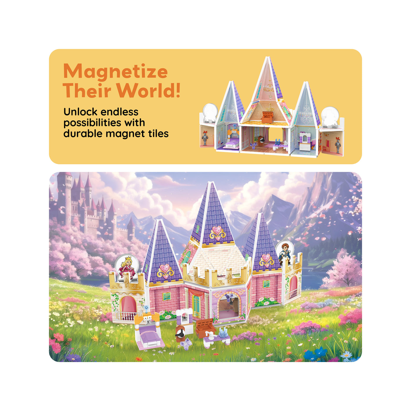 Pink princess magnetic castle playset in a fantasy meadow under a "Magnetize Their World!" banner.