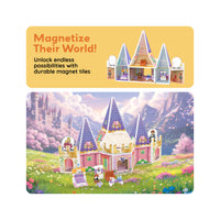 Pink princess magnetic castle playset in a fantasy meadow under a "Magnetize Their World!" banner.