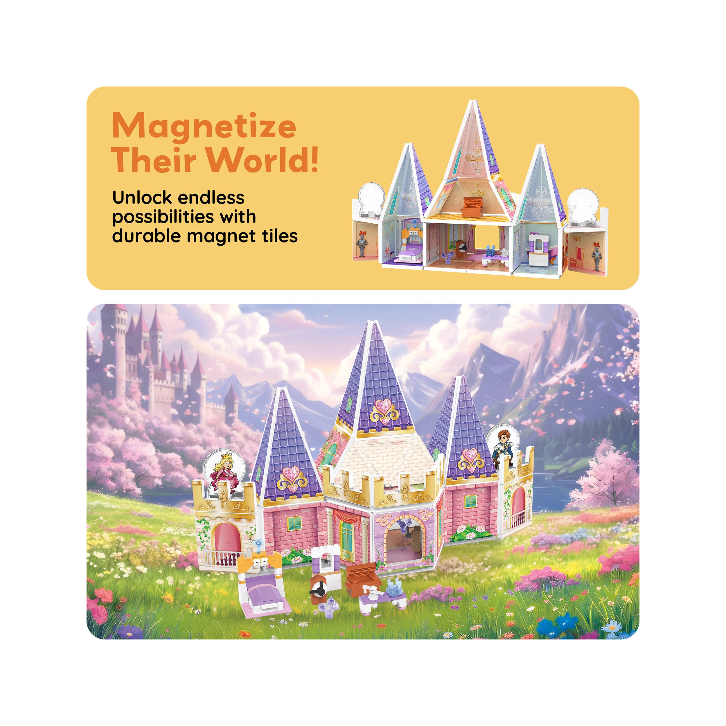 Pink princess magnetic castle playset in a fantasy meadow under a "Magnetize Their World!" banner.