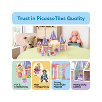 PicassoTiles pink princess castle set displayed above feature panels showing durability, magnets, and play pieces.