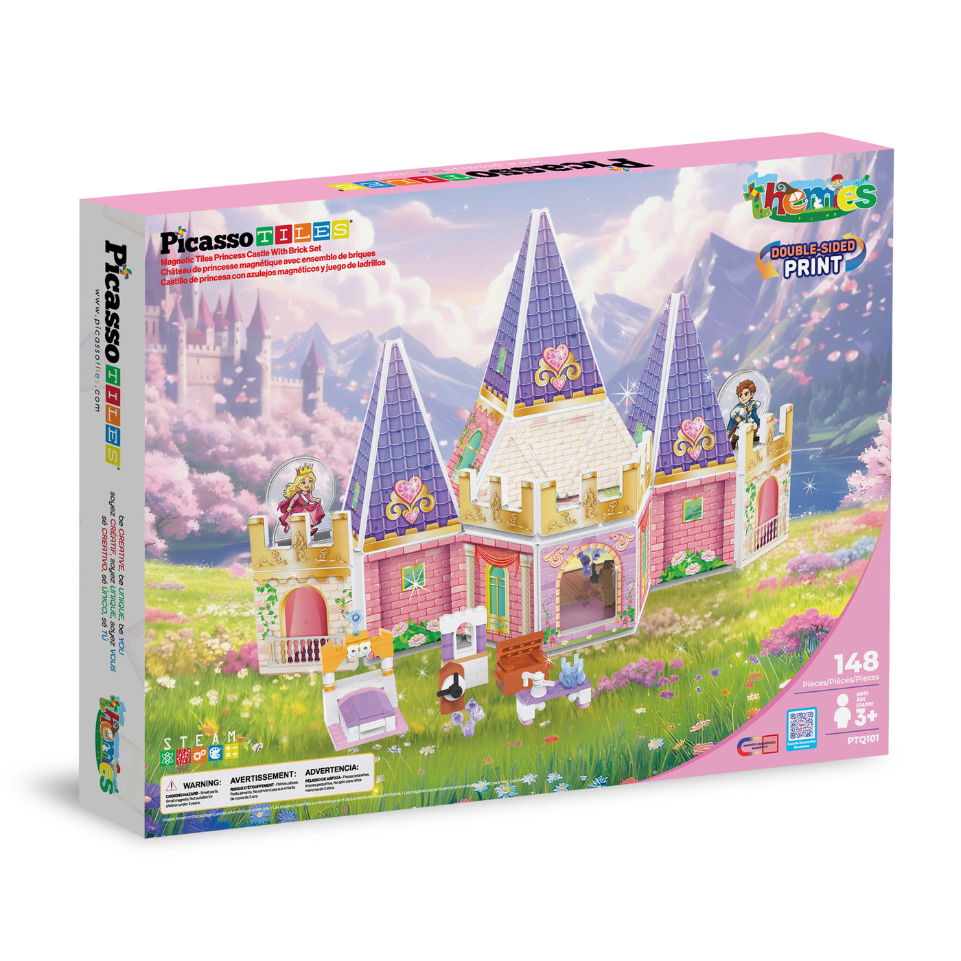 Product packaging box for a PicassoTiles 148-piece double-sided print magnetic princess castle set.
