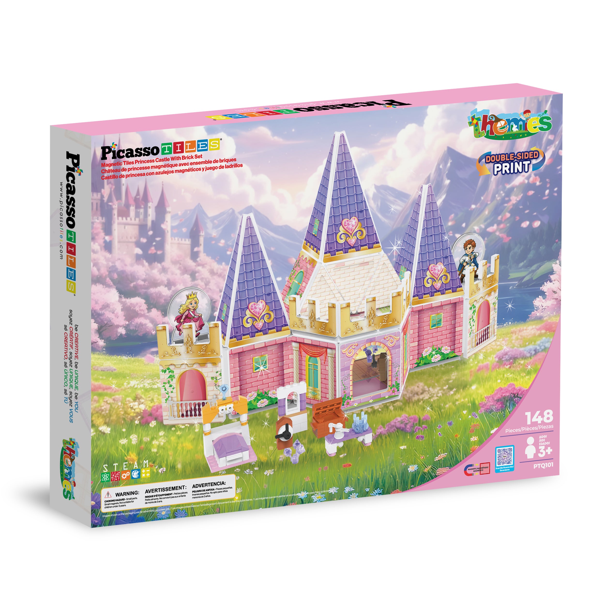 Product packaging box for a PicassoTiles 148-piece double-sided print magnetic princess castle set.