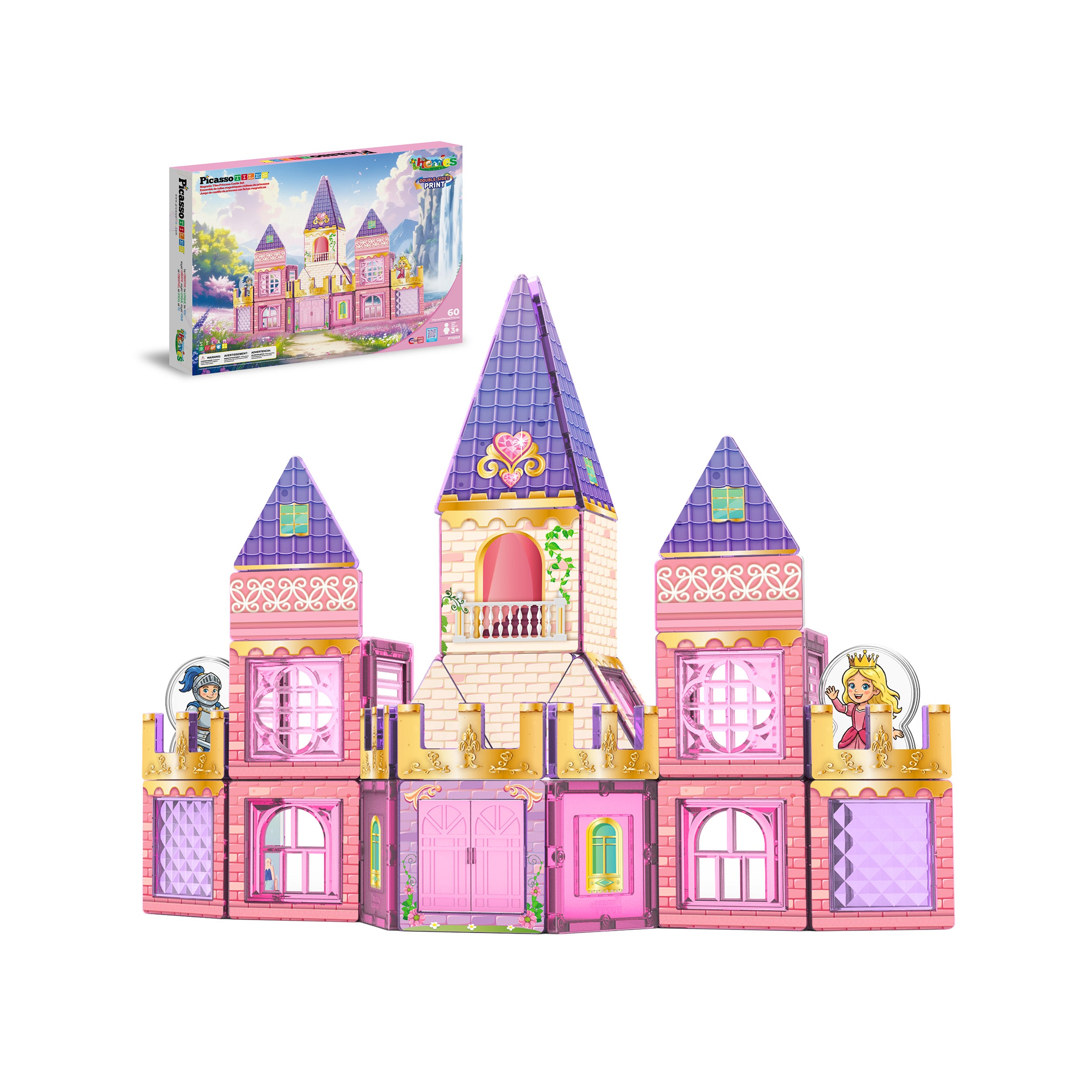 A pink and purple princess castle toy set shown assembled in the foreground, with its retail box displayed above on a plain white background.
