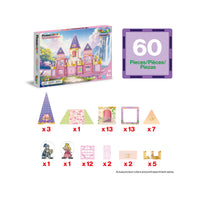 PicassoTiles 60-piece princess castle magnetic tile set box and piece quantity breakdown diagram.