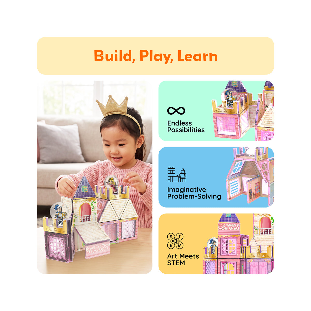 Girl with crown playing with magnetic princess castle beside panels for creative problem-solving and STEM learning.