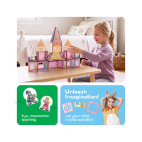 Girl building a pink magnetic princess castle above panels highlighting fun, imaginative learning.
