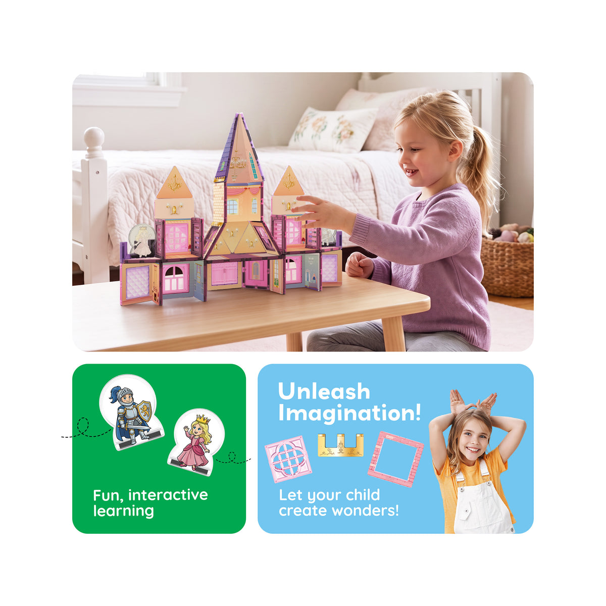 Girl building a pink magnetic princess castle above panels highlighting fun, imaginative learning.
