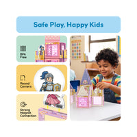 Child building magnetic castle beside panels highlighting BPA-free material, rounded corners, and strong magnet connection.