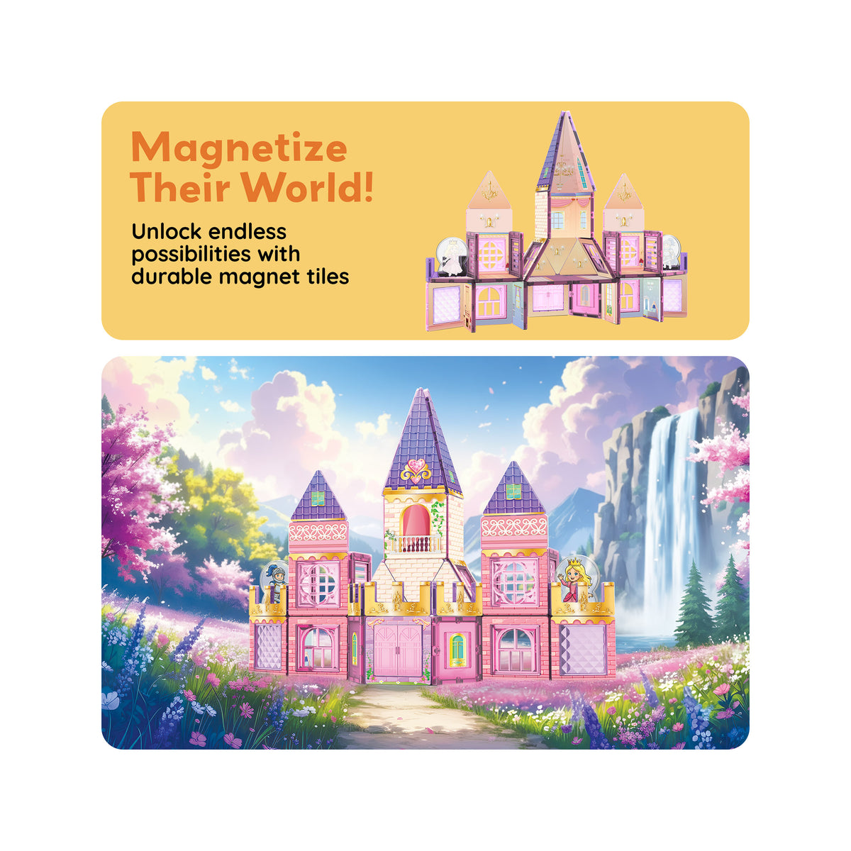 Pink princess magnetic tile castle in a fantasy meadow under a Magnetize Their World promotional banner.