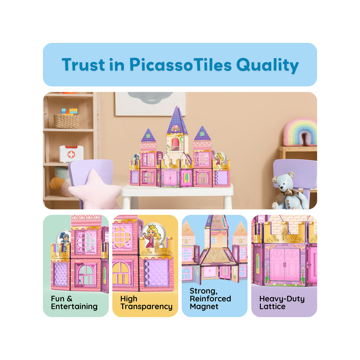 PicassoTiles pink princess castle playset displayed above feature panels highlighting durability and strong magnets.