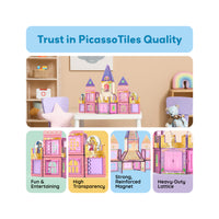 PicassoTiles pink princess castle playset displayed above feature panels highlighting durability and strong magnets.