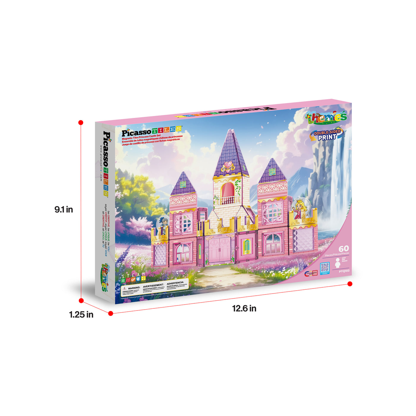Picasso mini Toys 'Princess Castle' jigsaw puzzle box shown on a white background with red dimension lines indicating 9.1 inches height, 12.