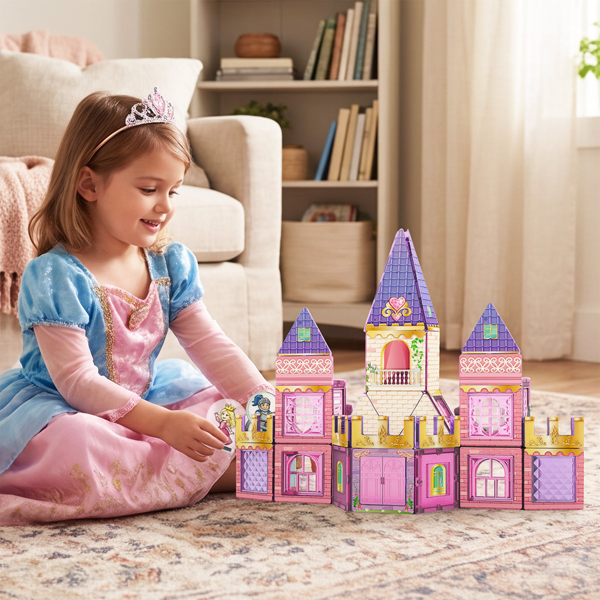 Girl dressed up as a princess playing with s pink and purple princess castle toy set