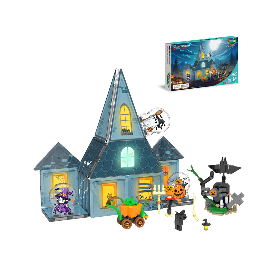 Halloween magnetic haunted house toy set with pumpkins, a witch figure, and product packaging box.