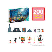 200-piece Halloween haunted house building set showing the box packaging and an inventory breakdown of pieces.
