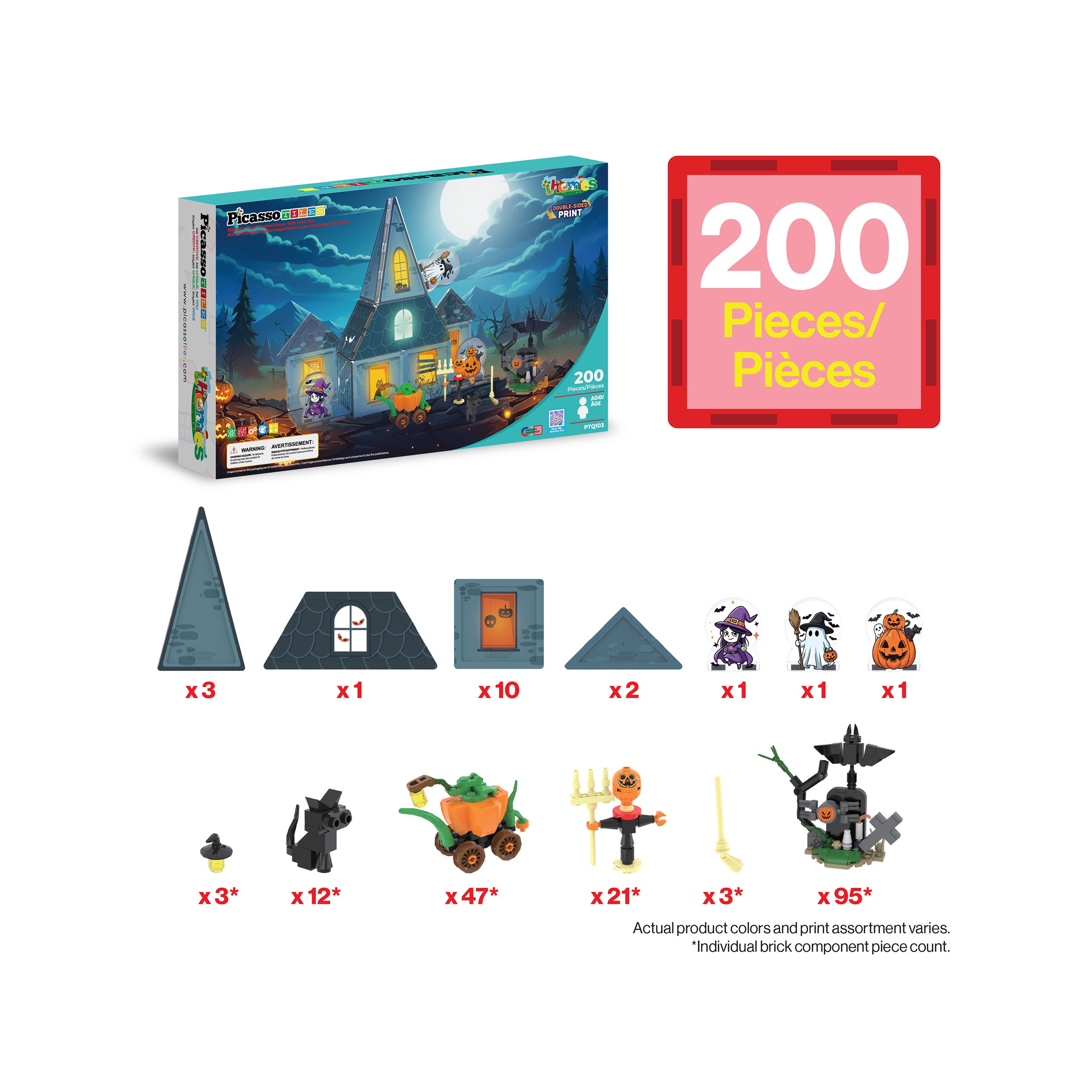 200-piece Halloween haunted house building set showing the box packaging and an inventory breakdown of pieces.