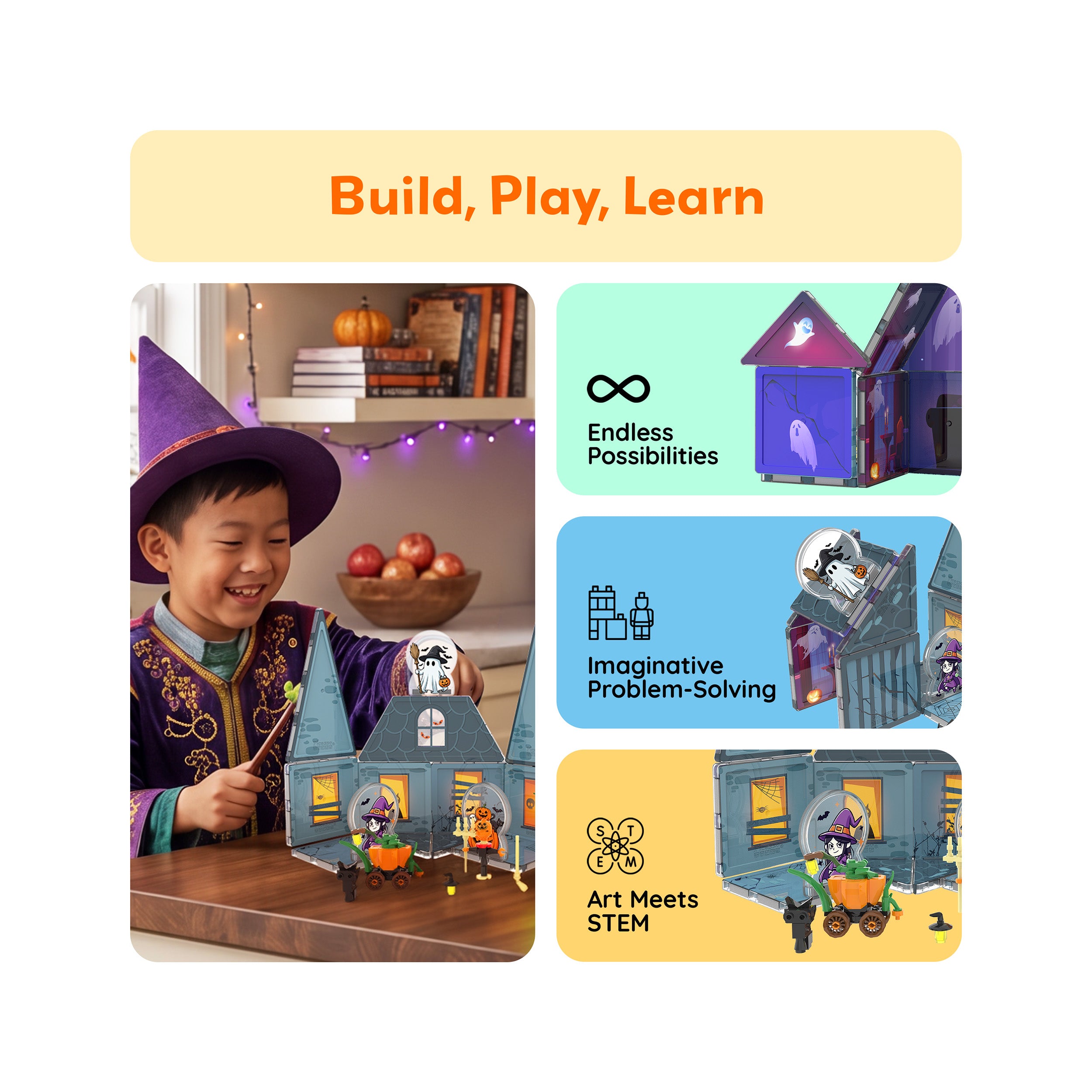 Boy in a wizard costume playing with a Halloween magnetic house set, with panels showing key educational features.
