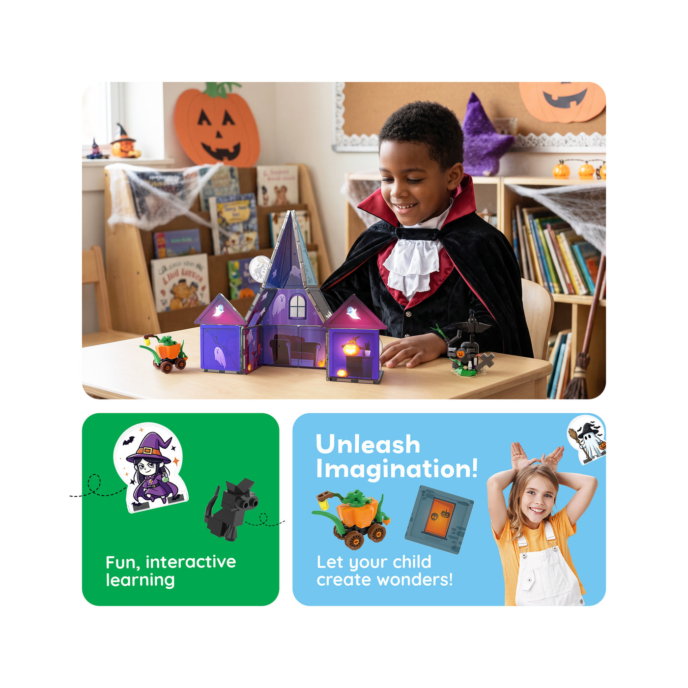 Boy in a vampire costume playing with a magnetic Halloween house, with panels highlighting interactive learning.