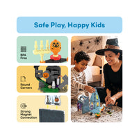 Graphic highlighting Halloween magnetic set safety features next to a boy and mother in a witch hat playing on the floor.