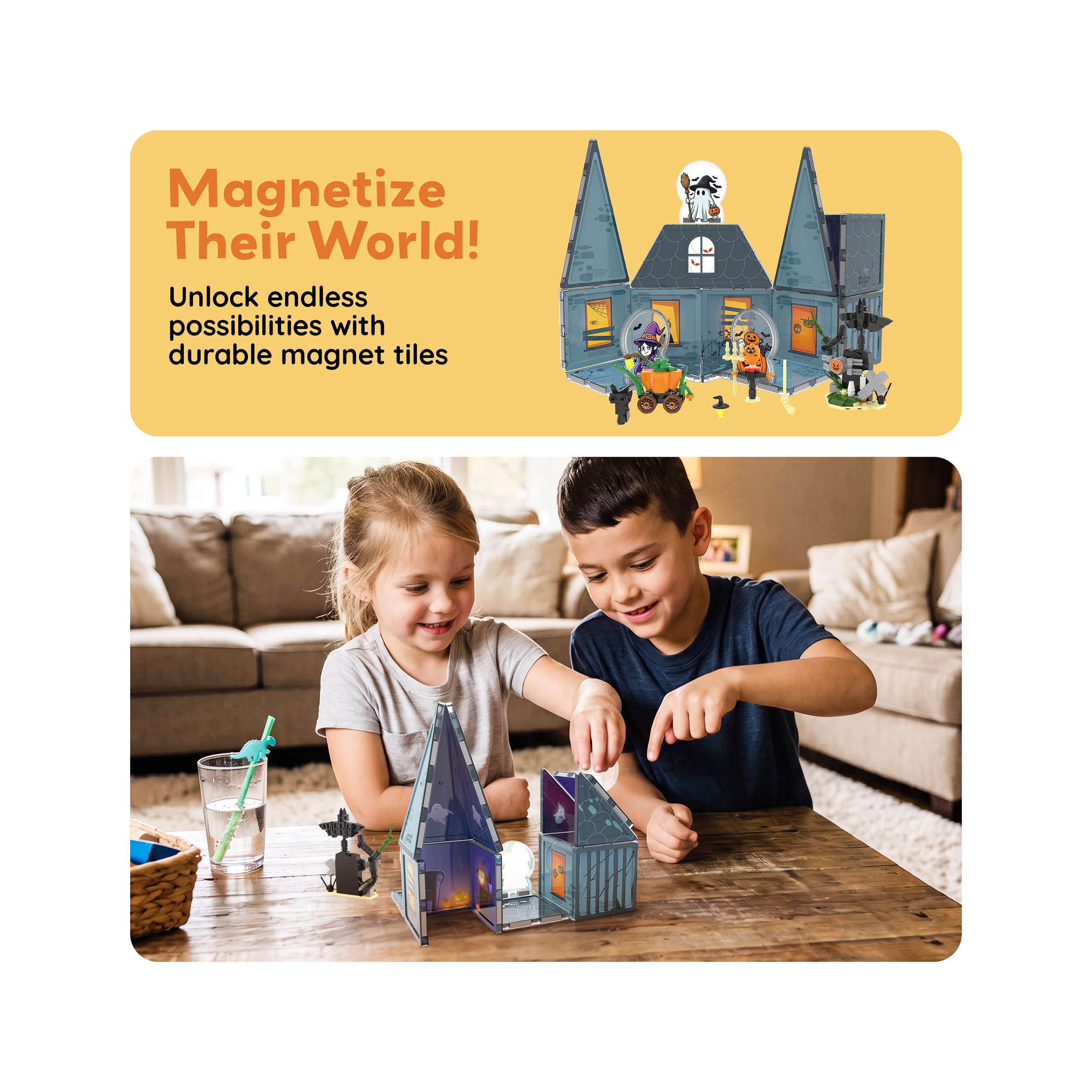 Two kids playing with magnetic house tiles on a wooden table beneath text reading "Magnetize Their World!".