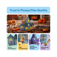 Magnetic haunted house on a table next to quality feature highlights labeled "Trust in PicassoTiles Quality".