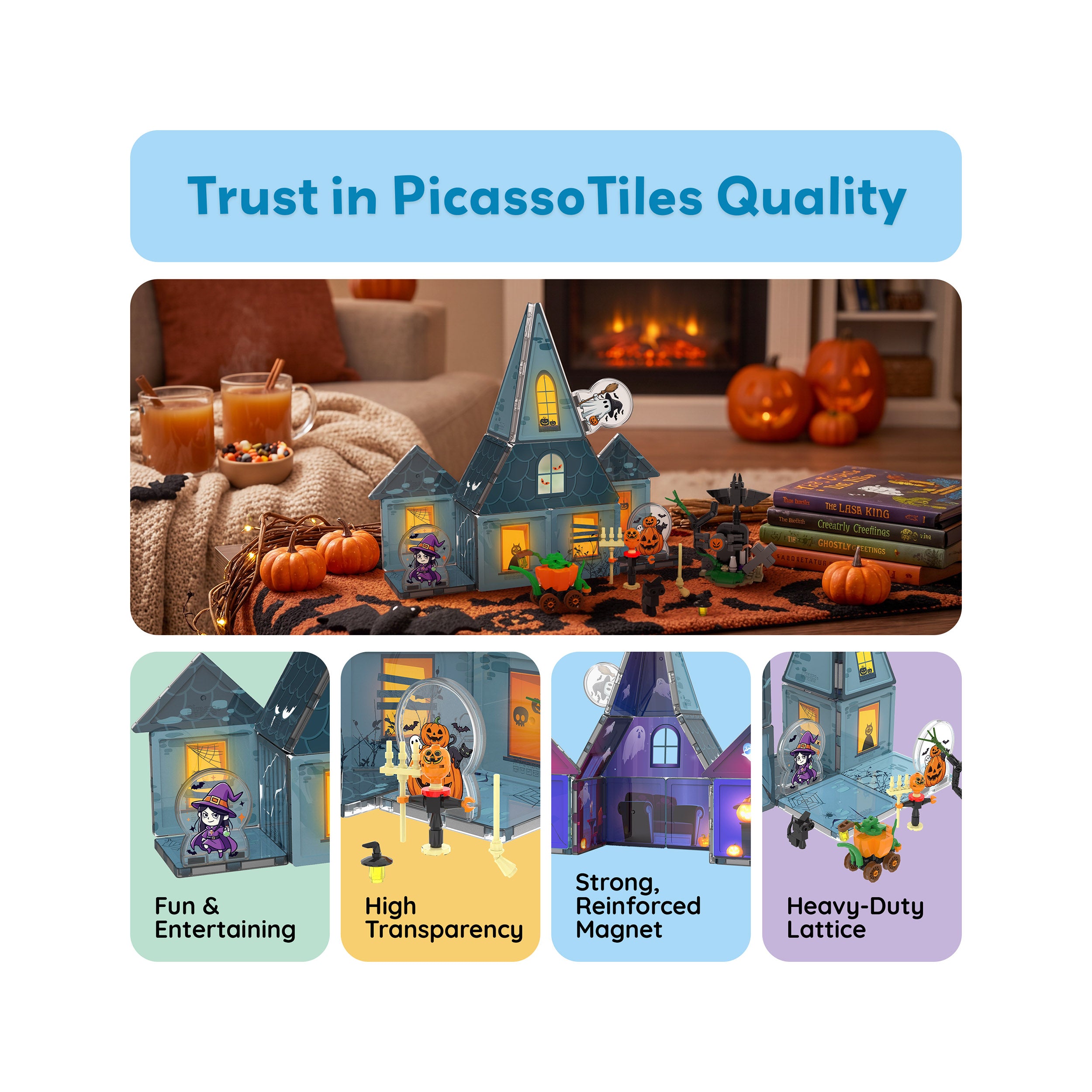 Magnetic haunted house on a table next to quality feature highlights labeled "Trust in PicassoTiles Quality".
