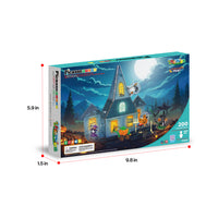 PicassoTiles Halloween haunted house set box with dimensions labeled as 5.9 inches high, 9.8 inches wide, and 1.5 inches deep.