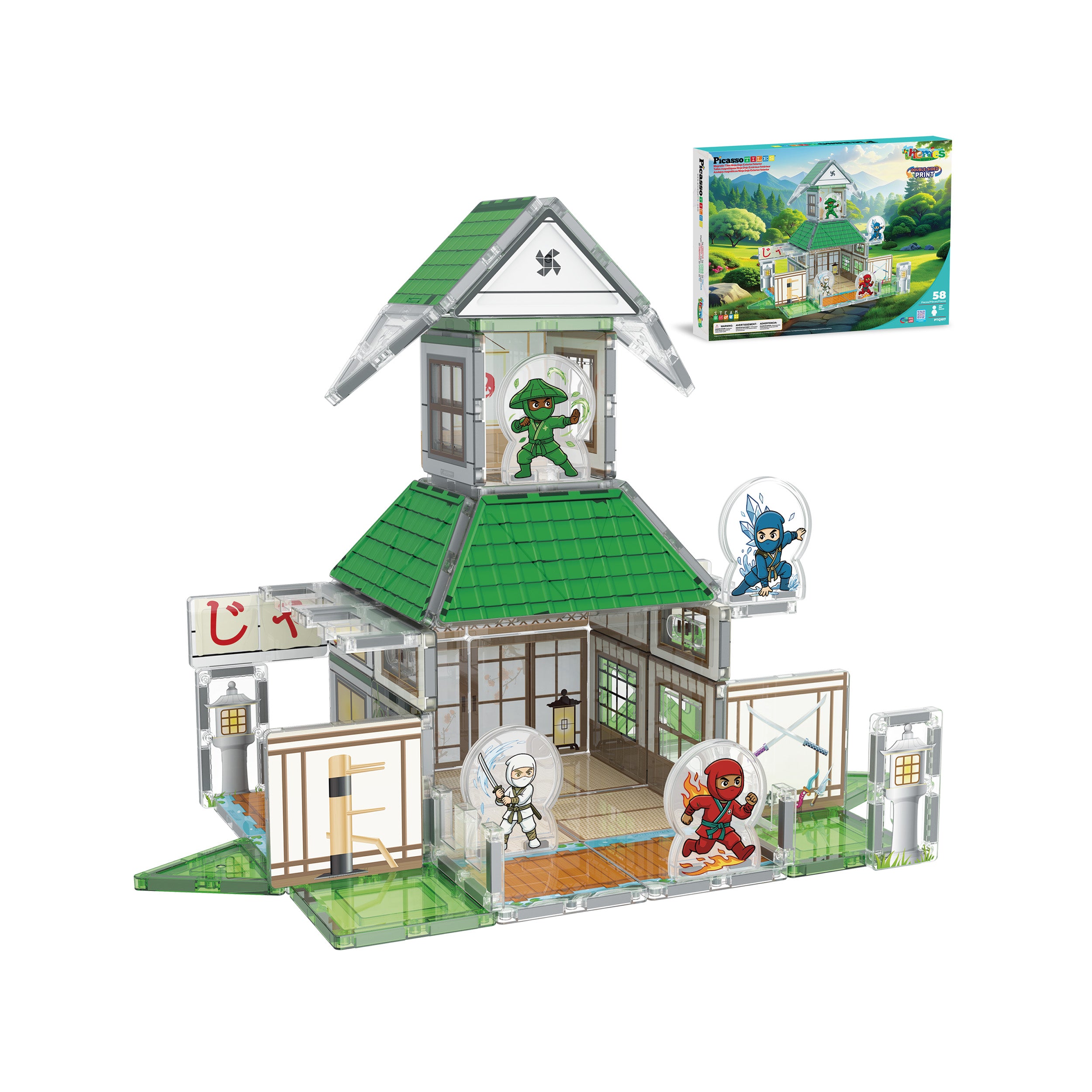 PicassoTiles Ninja Dojo Magnetic Tile Set 58pc