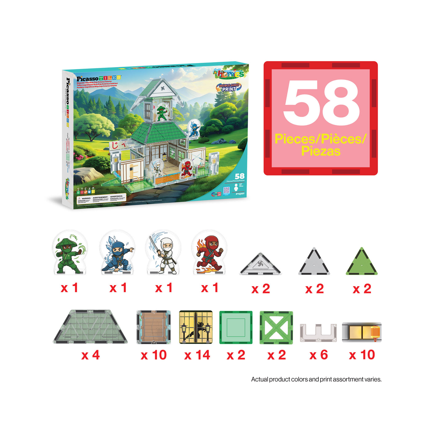 PicassoTiles Ninja Dojo Magnetic Tile Set 58pc