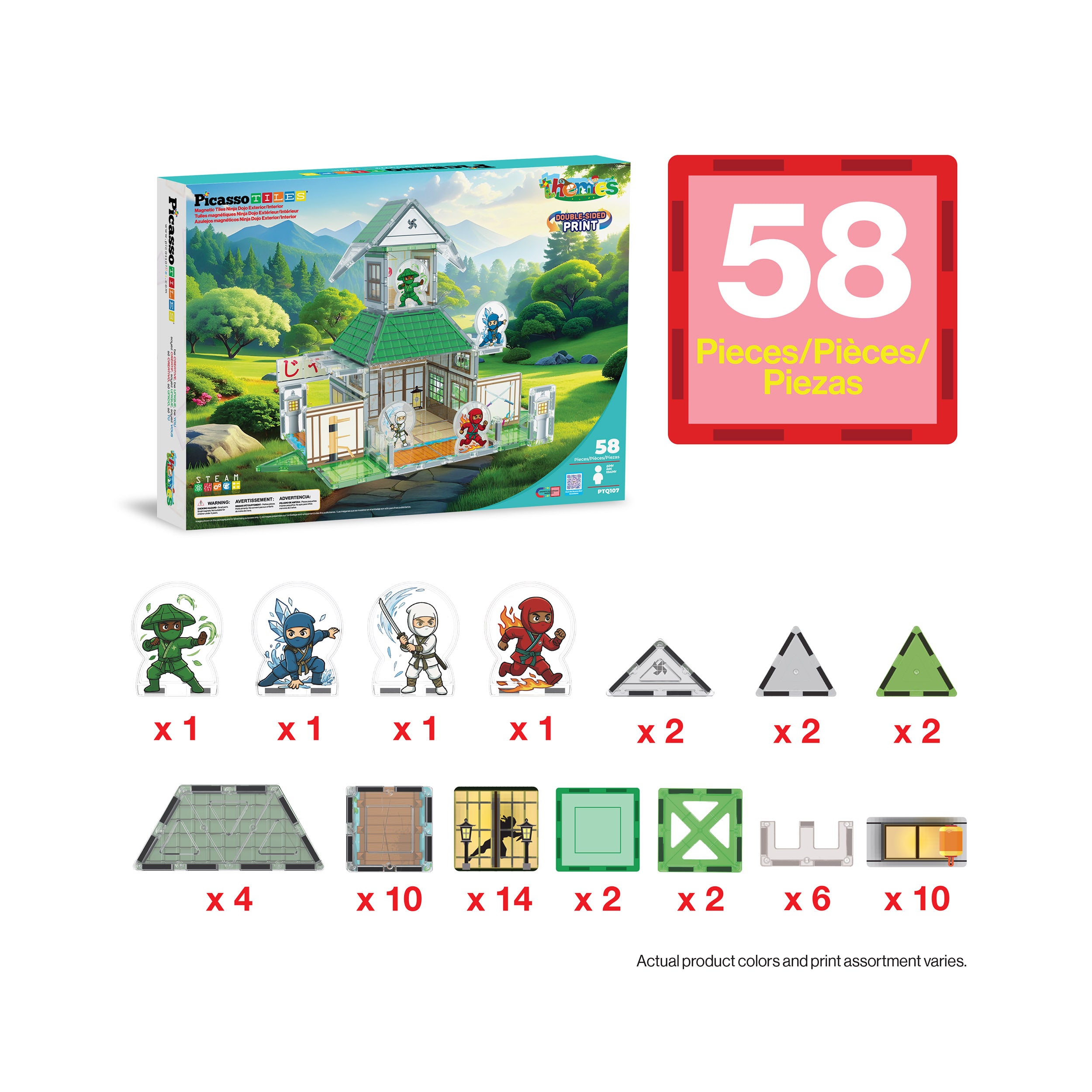 PicassoTiles Ninja Dojo Magnetic Tile Set 58pc