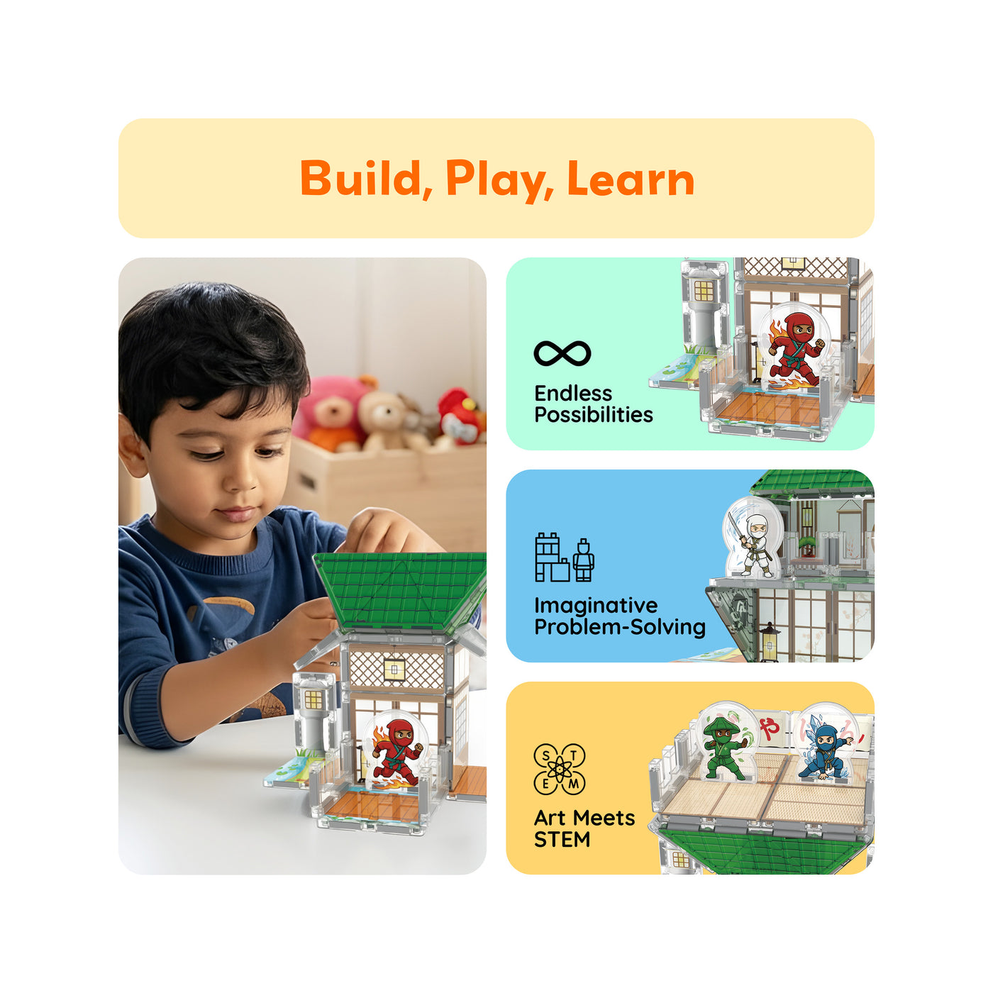 PicassoTiles Ninja Dojo Magnetic Tile Set 58pc