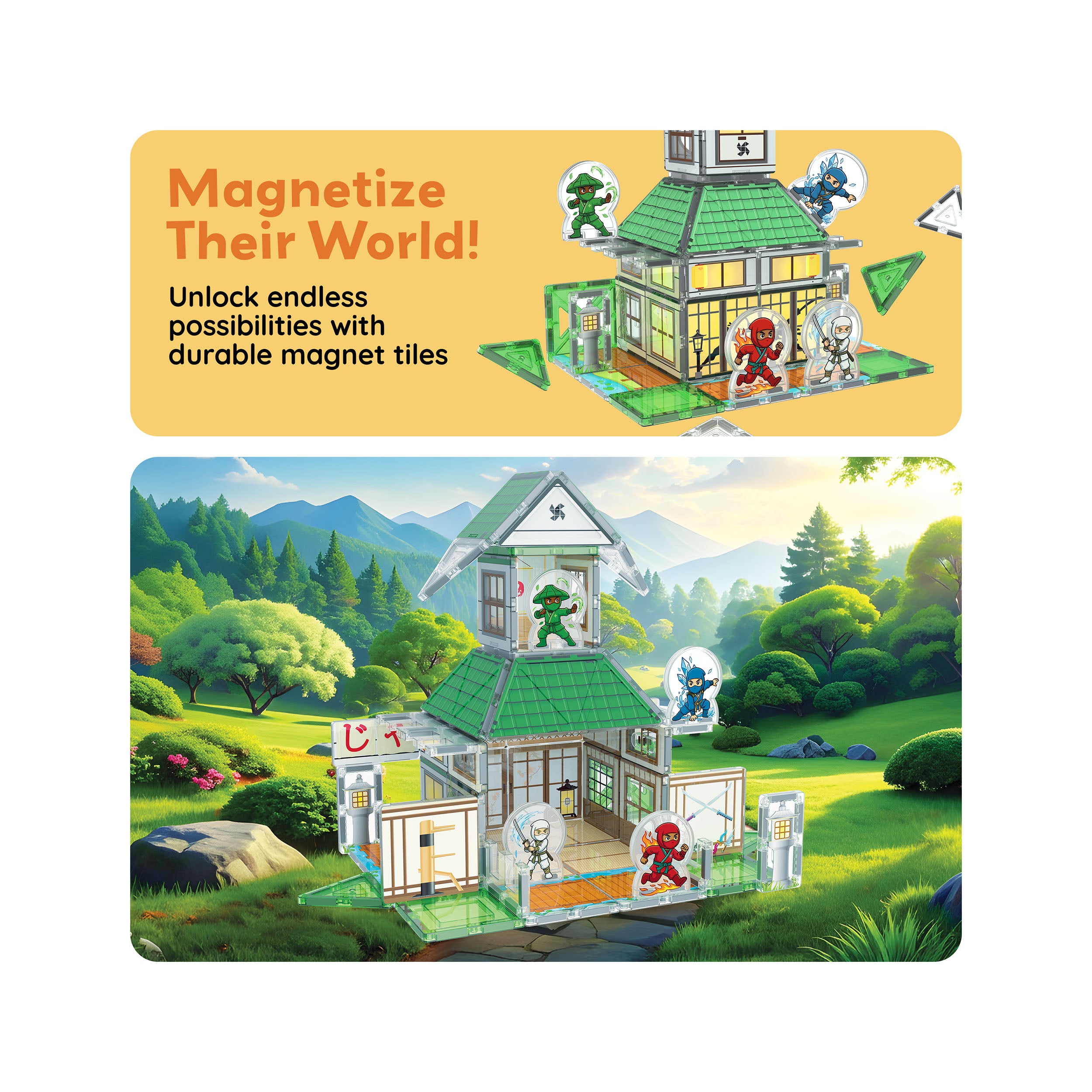 PicassoTiles Ninja Dojo Magnetic Tile Set 58pc