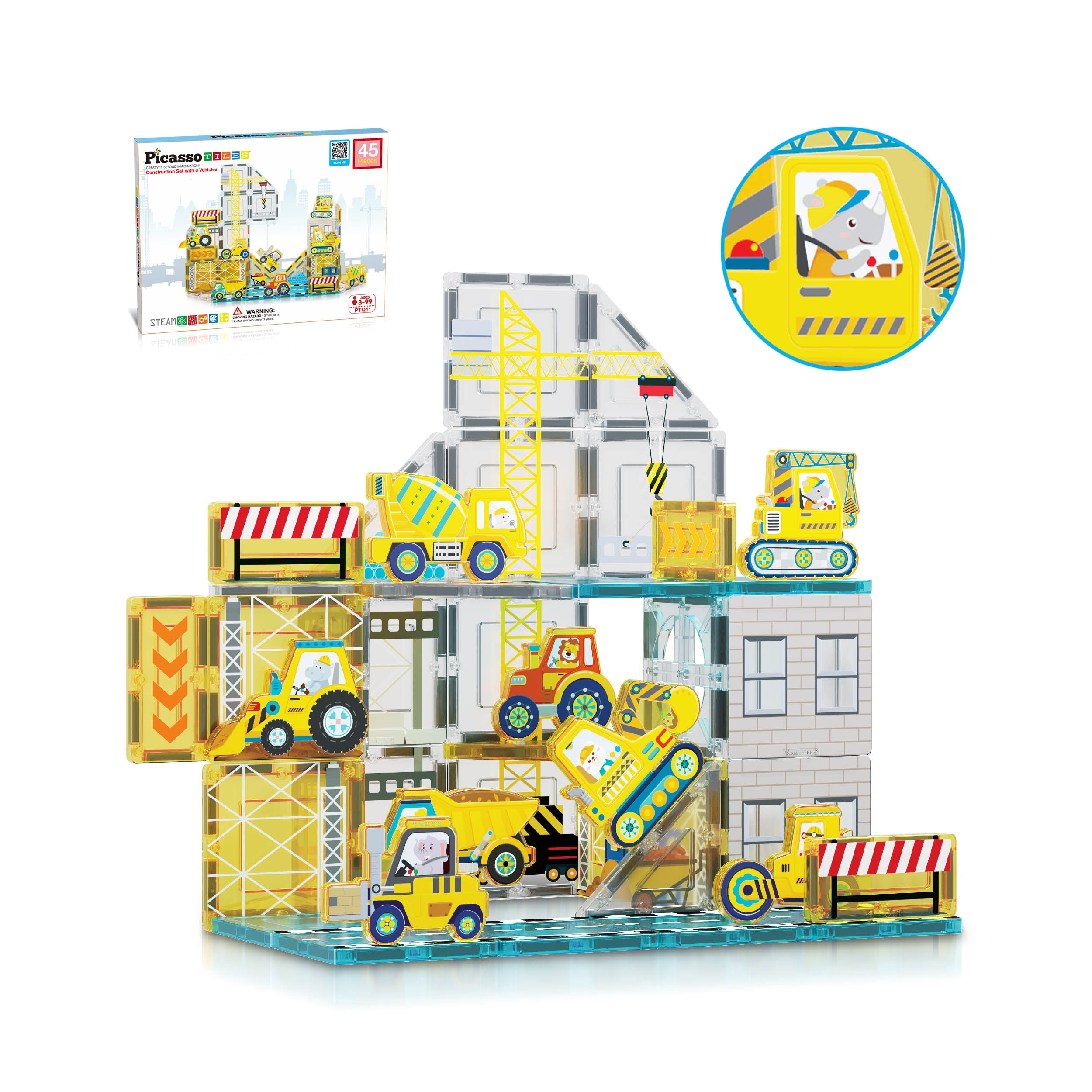 PicassoTiles 63 Piece Magnetic Building Block Set with Car Truck