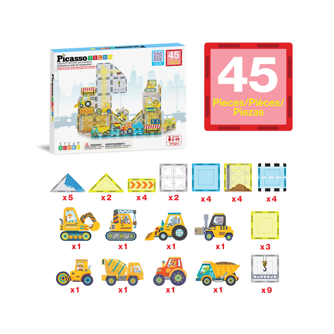 PicassoTiles Magnetic Tile Construction Adventure Set with Vehicle Figures