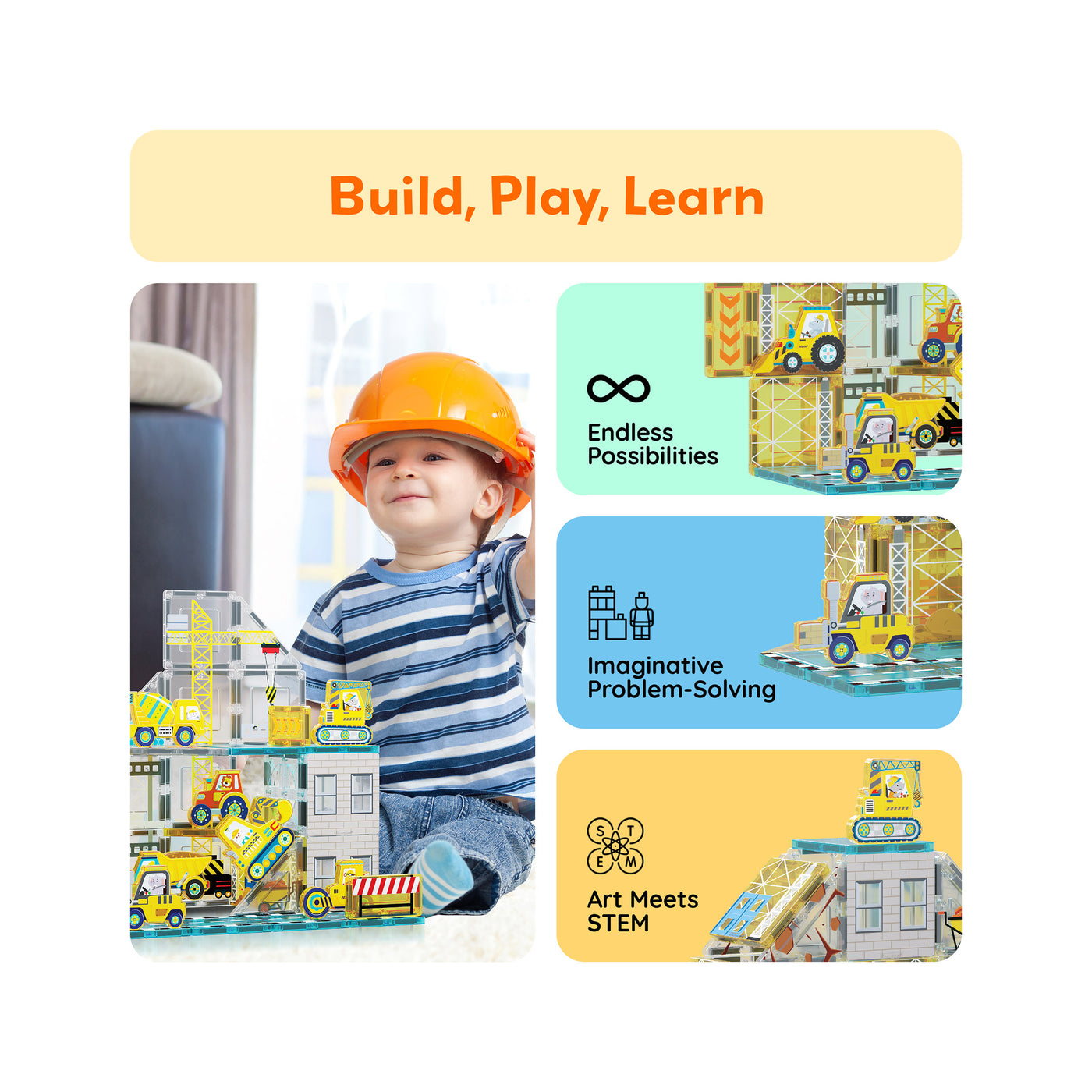 PicassoTiles Magnetic Tile Construction Adventure Set with Vehicle Figures