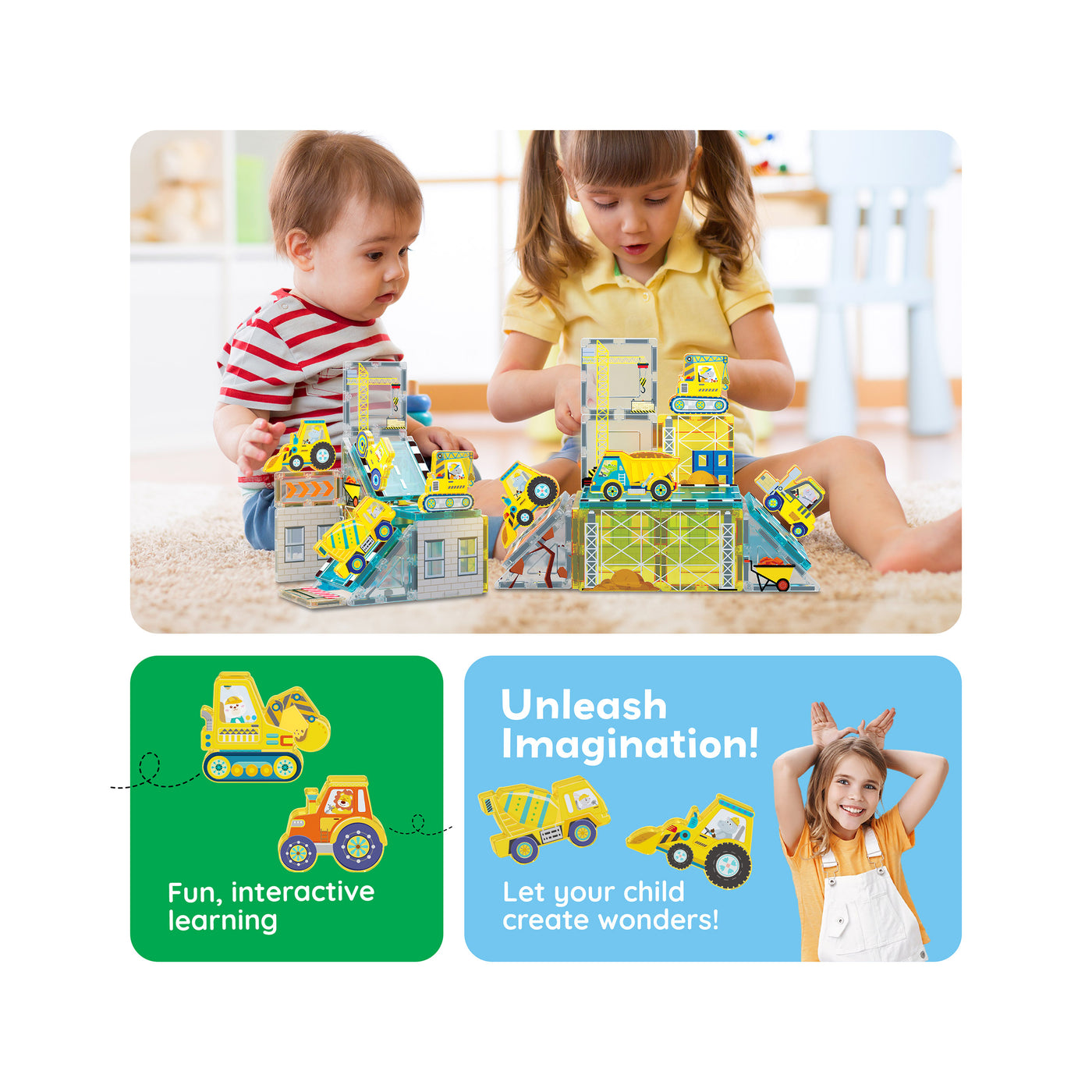 PicassoTiles Magnetic Tile Construction Adventure Set with Vehicle Figures