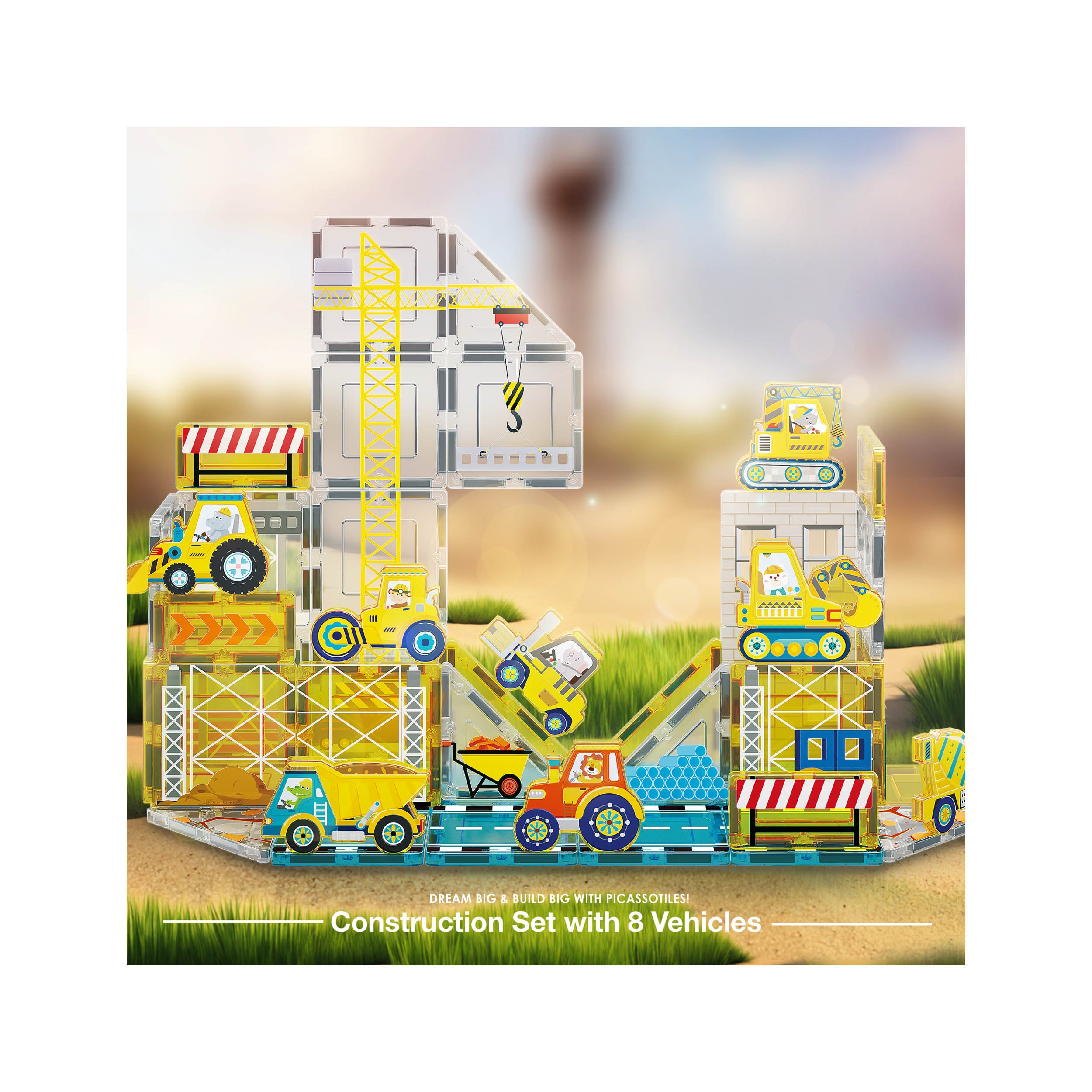 PicassoTiles Construction Adventure Magnet Tile Set with Action Figures