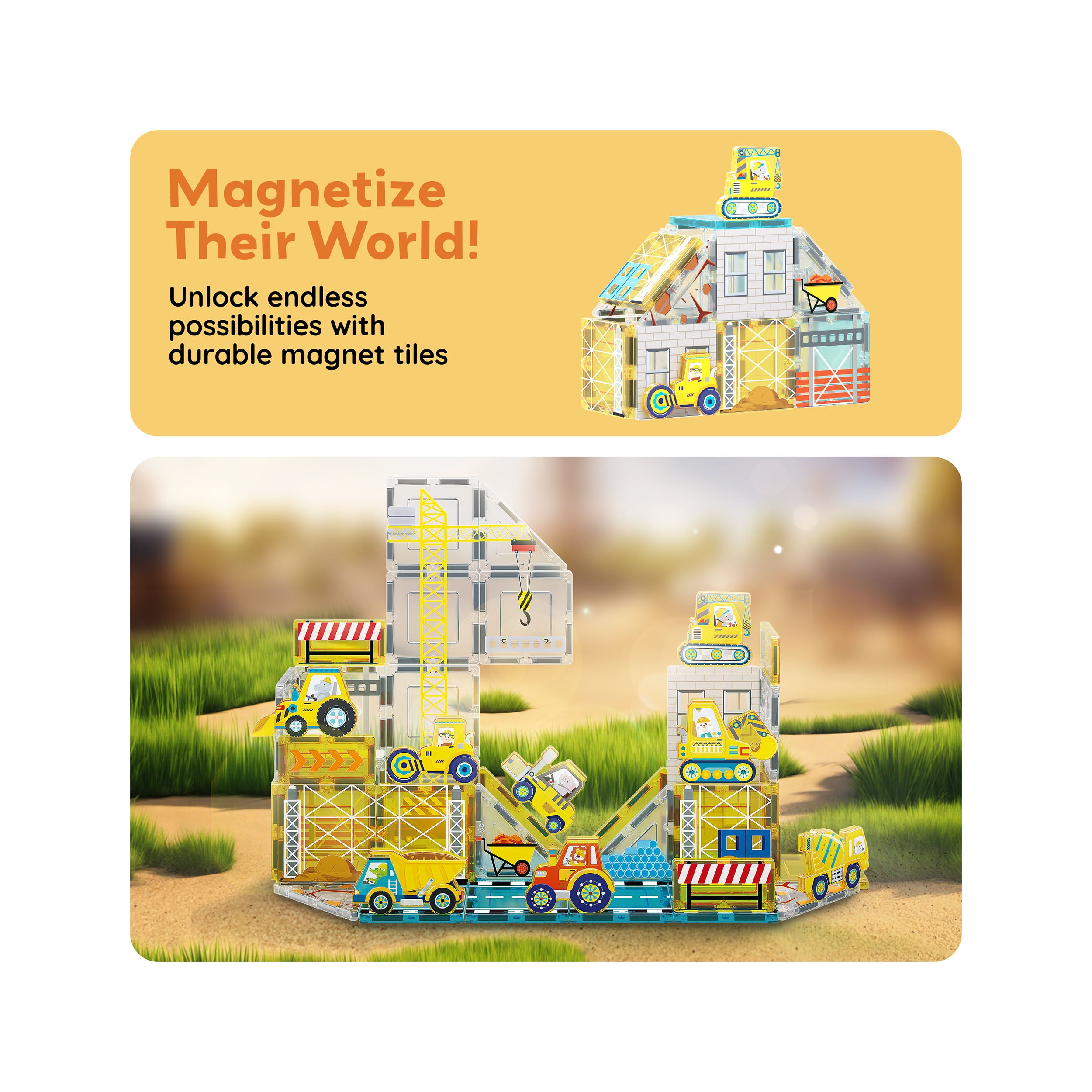 PicassoTiles Magnetic Tile Construction Adventure Set with Vehicle Figures