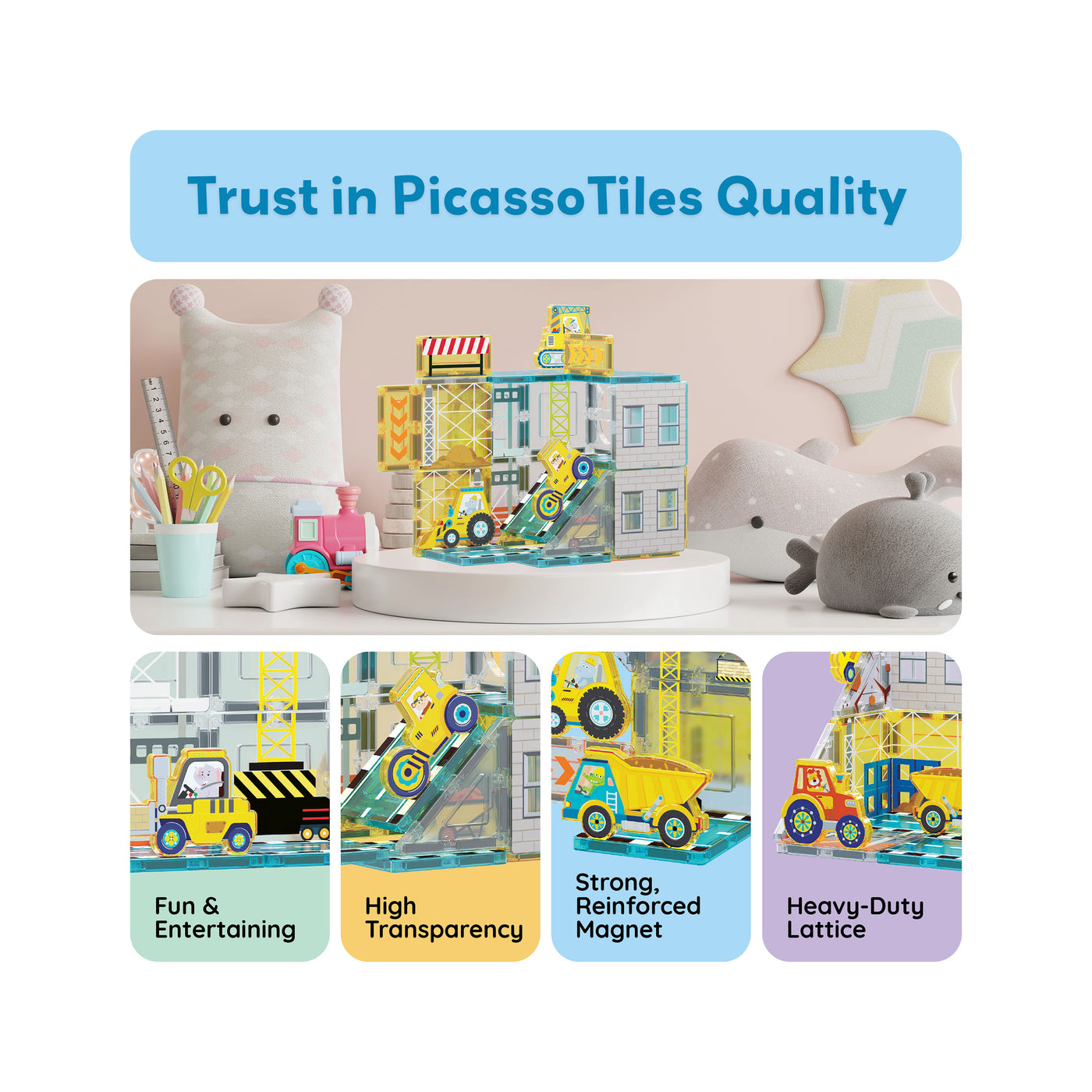 PicassoTiles Magnetic Tile Construction Adventure Set with Vehicle Figures