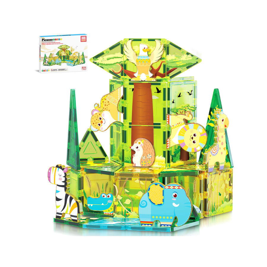 PicassoTiles Safari Magnet Tile Building Blocks with 8 Magnetic Animals