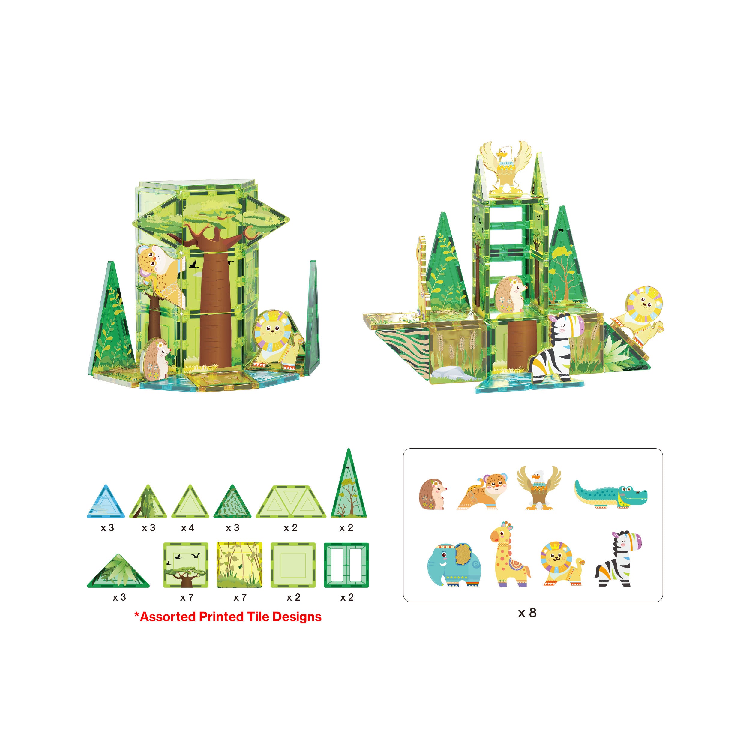PicassoTiles Safari Magnet Tile Building Blocks with 8 Magnetic Animals