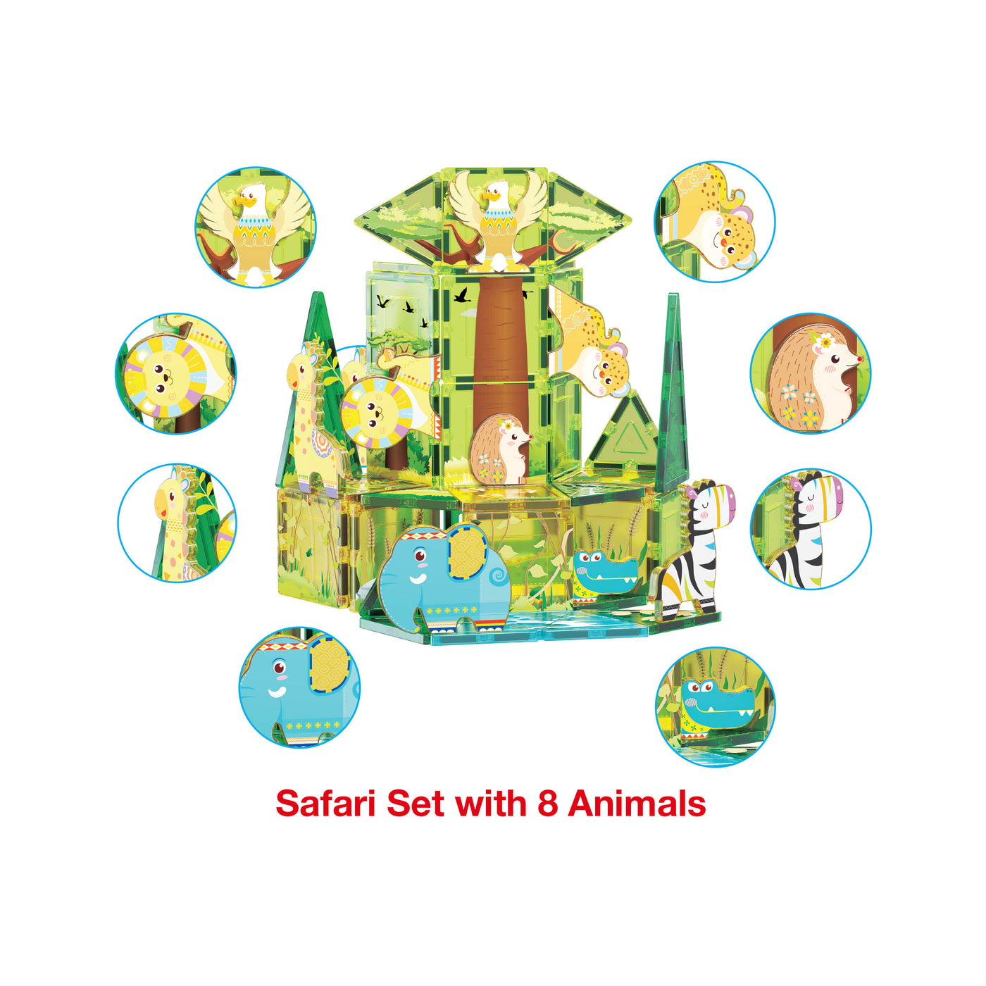 PicassoTiles Safari Magnet Tile Building Blocks with 8 Magnetic Animals