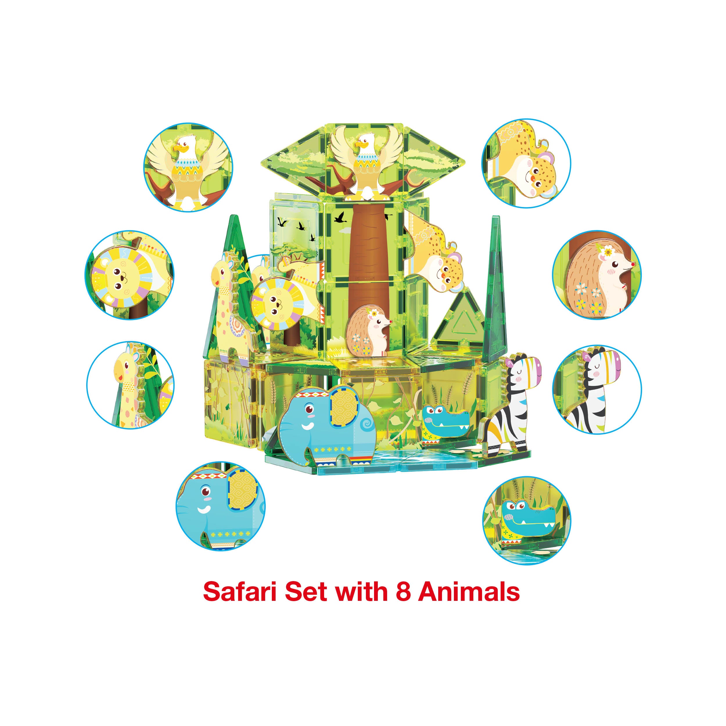 PicassoTiles Safari Magnet Tile Building Blocks with 8 Magnetic Animals
