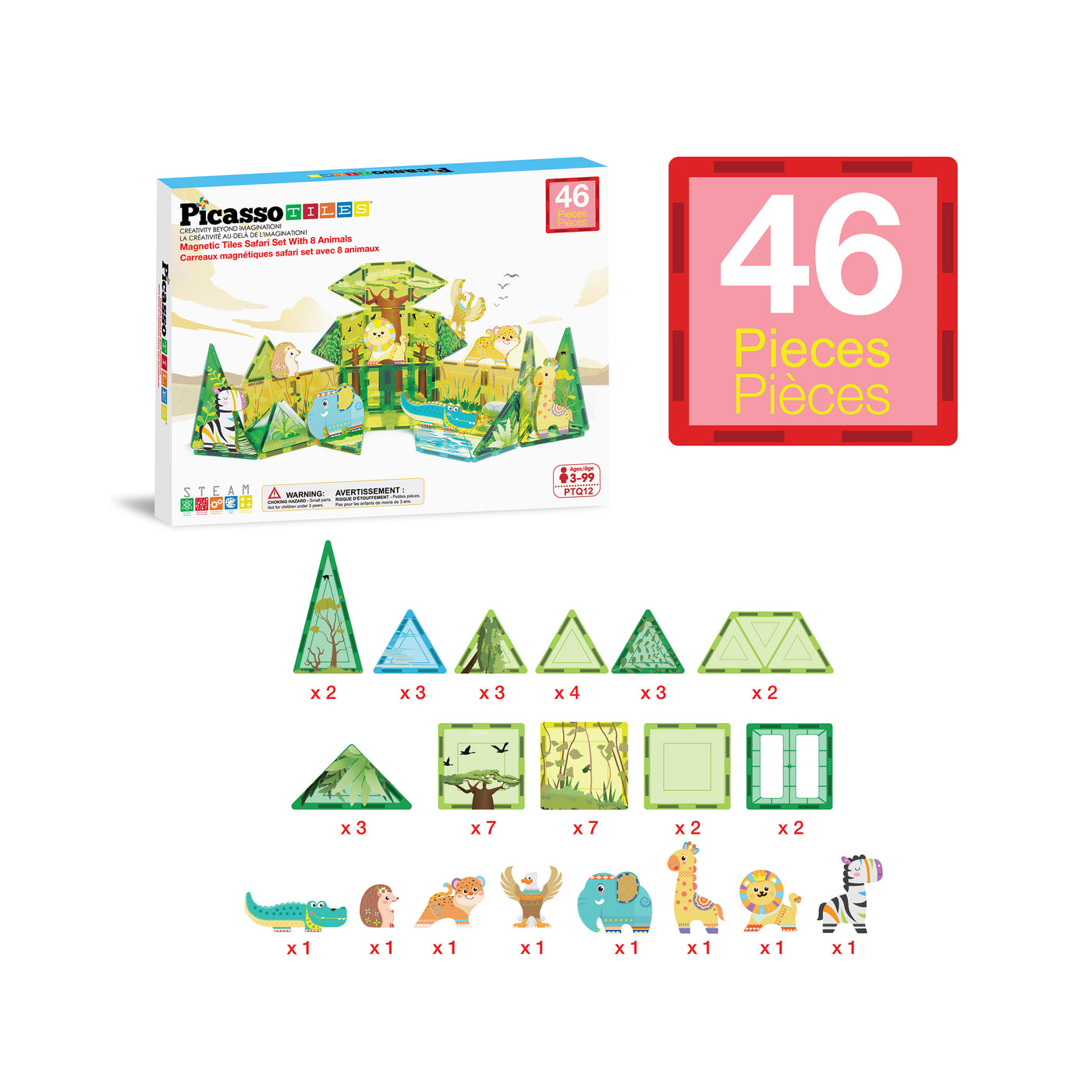 PicassoTiles Safari Magnet Tile Building Blocks with 8 Magnetic Animals