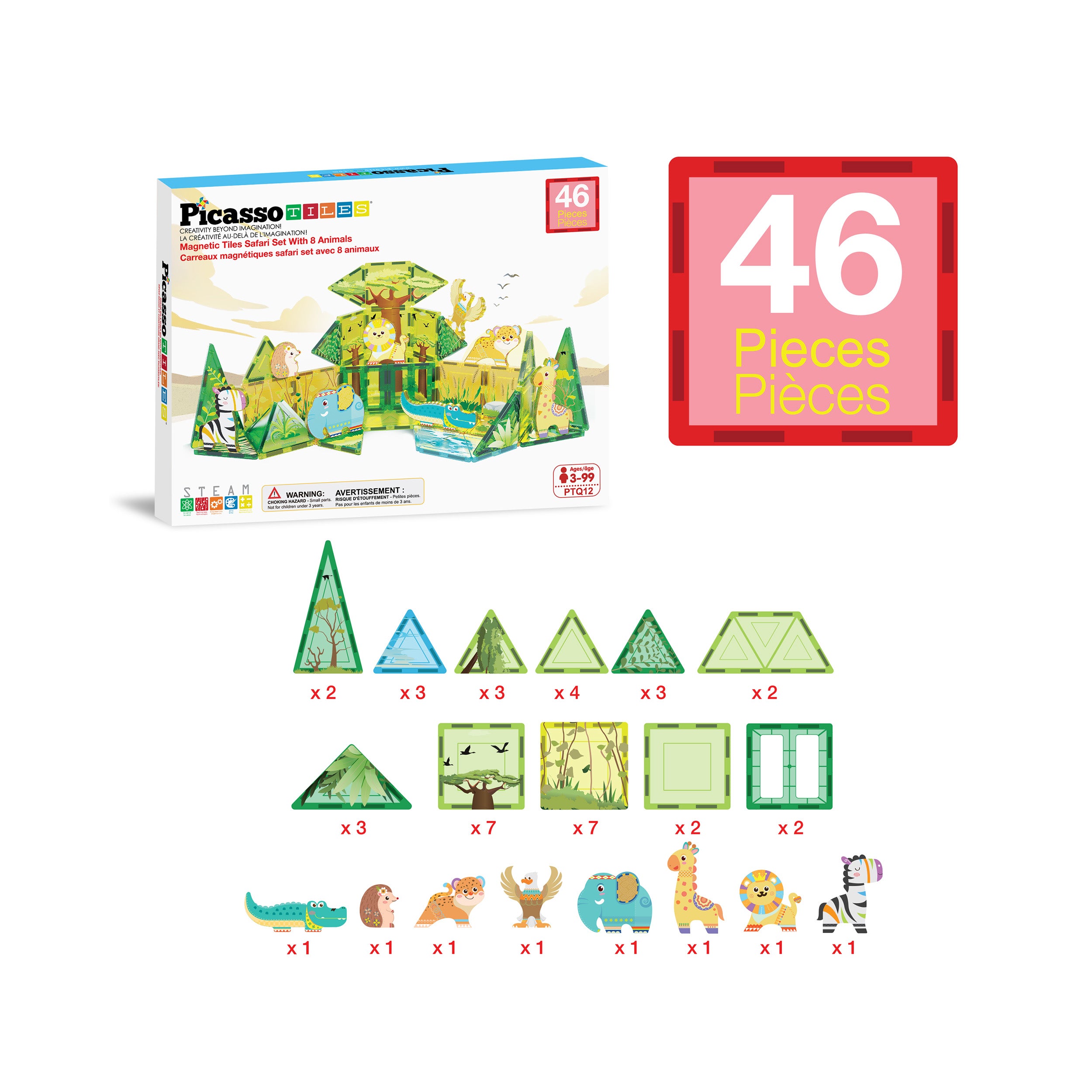 PicassoTiles Safari Magnet Tile Building Blocks with 8 Magnetic Animals